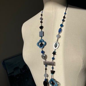 Blue, gray, black tie necklace with agate, mother-of-pearl, glass beads, seed tube, heart, butterfly image 3