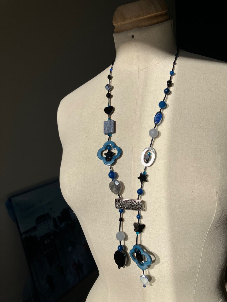 Blue, gray, black tie necklace with agate, mother-of-pearl, glass beads, seed tube, heart, butterfly image 3