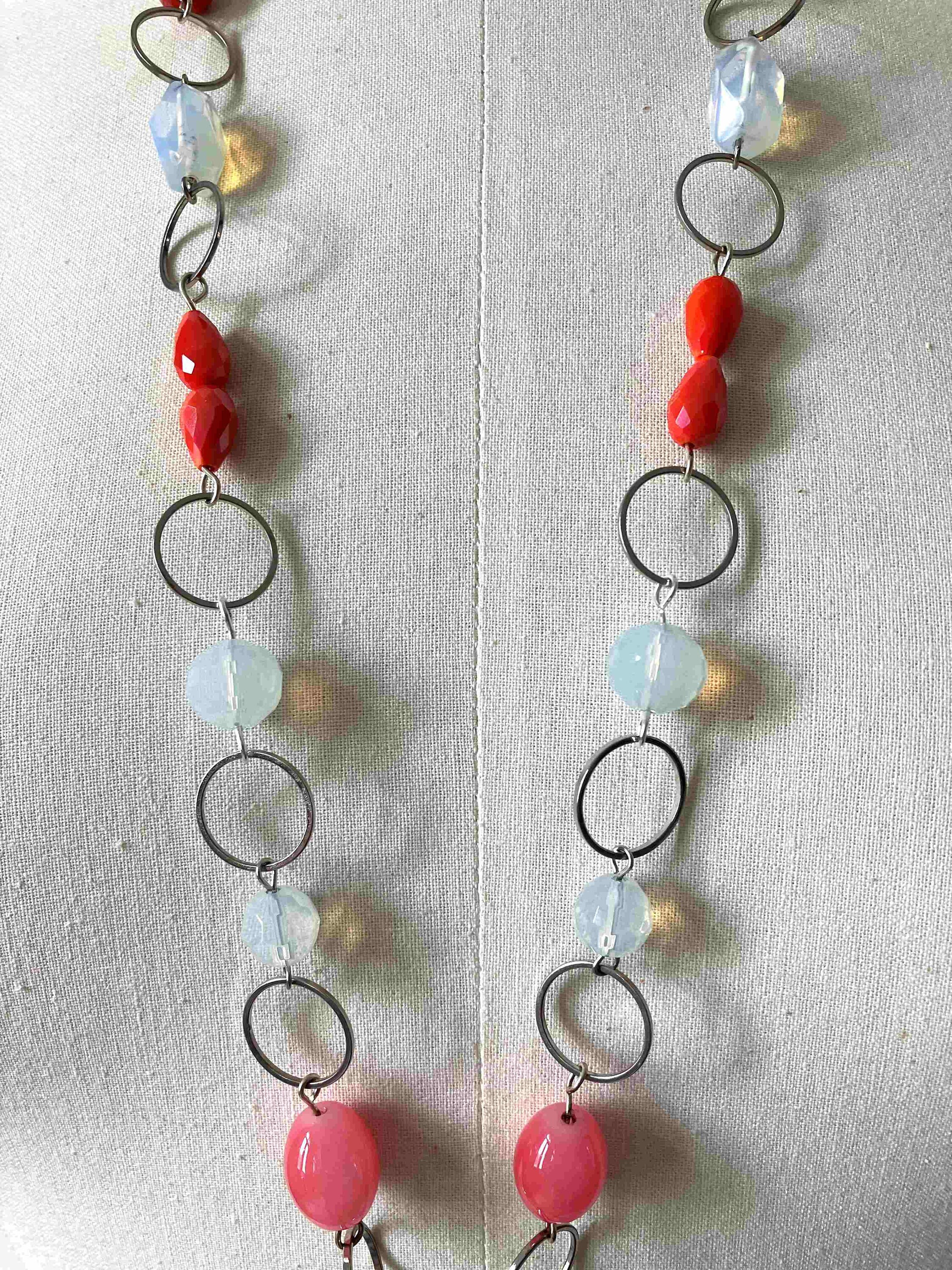 Collier Sautoir Corail Et Amazonite - Pompon Soie, Chaîne Acier - Neuf Avec étiquettes