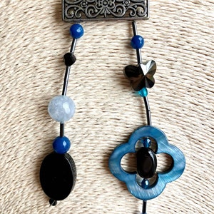 Blue, gray, black tie necklace with agate, mother-of-pearl, glass beads, seed tube, heart, butterfly image 6