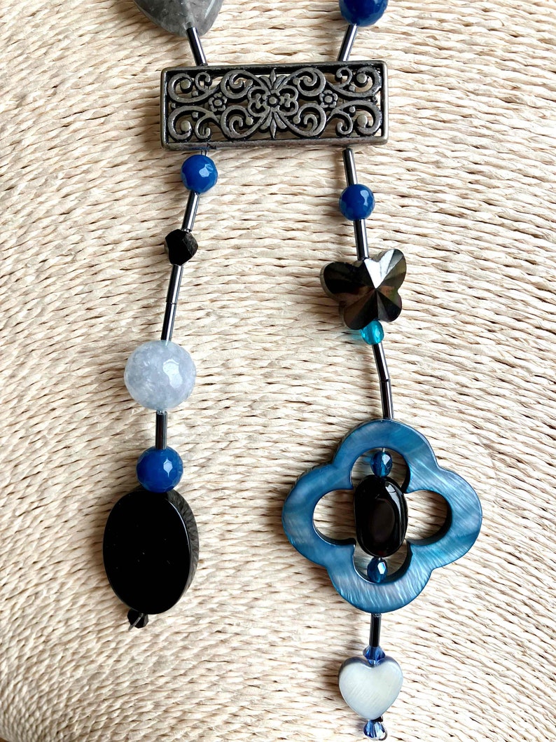 Blue, gray, black tie necklace with agate, mother-of-pearl, glass beads, seed tube, heart, butterfly image 6