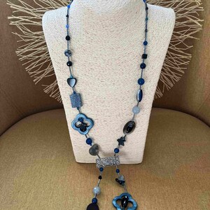 Blue, gray, black tie necklace with agate, mother-of-pearl, glass beads, seed tube, heart, butterfly image 4
