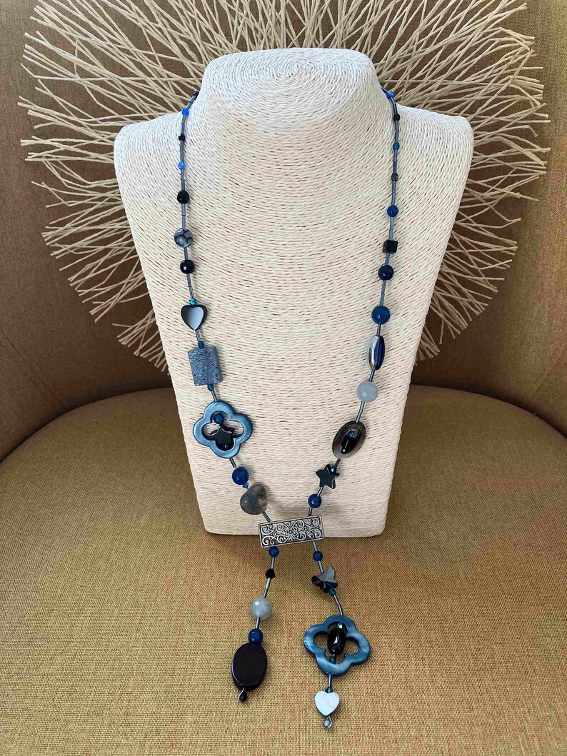 Blue, gray, black tie necklace with agate, mother-of-pearl, glass beads, seed tube, heart, butterfly image 4