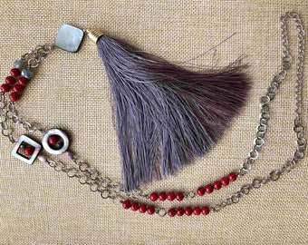 Dark gray pompom long necklace, black veined red jade beads, labradorite, mother-of-pearl and silver stainless chain
