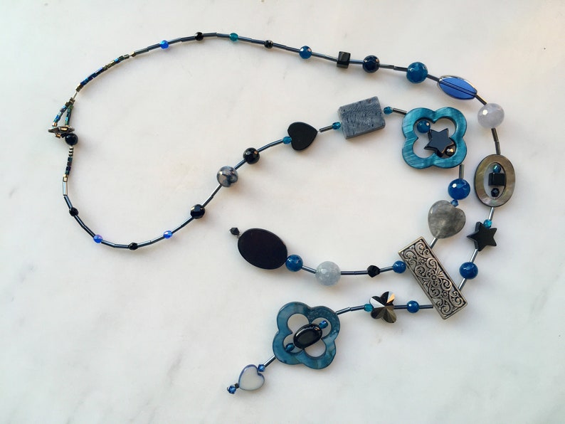 Blue, gray, black tie necklace with agate, mother-of-pearl, glass beads, seed tube, heart, butterfly Blue