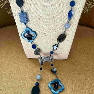 Blue, gray, black tie necklace with agate, mother-of-pearl, glass beads, seed tube, heart, butterfly image 5