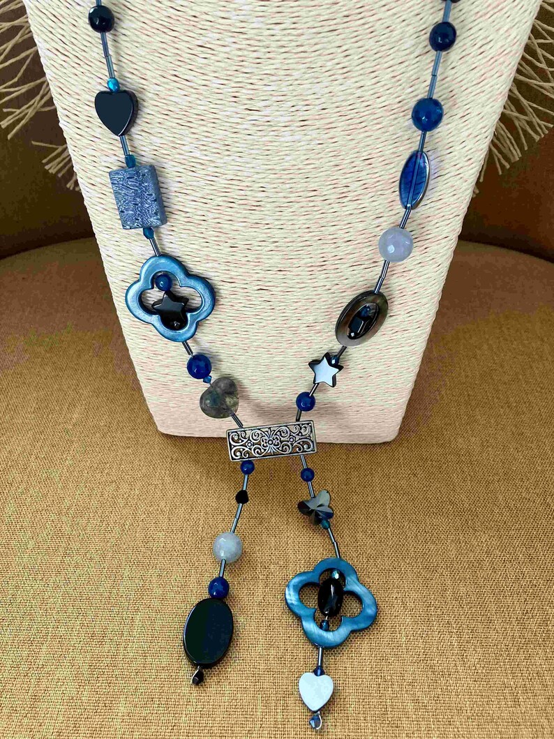Blue, gray, black tie necklace with agate, mother-of-pearl, glass beads, seed tube, heart, butterfly image 5