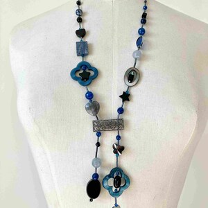 Blue, gray, black tie necklace with agate, mother-of-pearl, glass beads, seed tube, heart, butterfly image 7