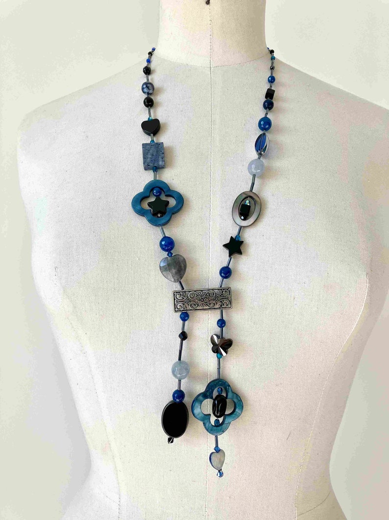 Blue, gray, black tie necklace with agate, mother-of-pearl, glass beads, seed tube, heart, butterfly image 7