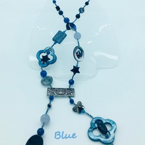 Blue, gray, black tie necklace with agate, mother-of-pearl, glass beads, seed tube, heart, butterfly image 2