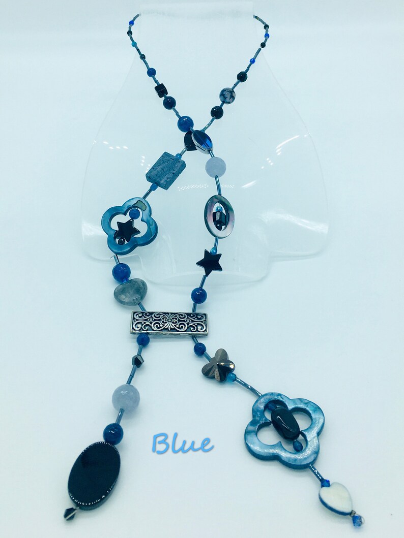 Blue, gray, black tie necklace with agate, mother-of-pearl, glass beads, seed tube, heart, butterfly image 2