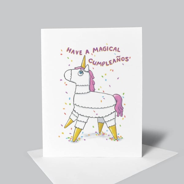 Birthday Unicorn Piñata Greeting Card | A2 card with peel and seal envelope