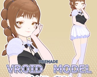 Könnte beinhalten: Ein vorgefertigtes VROID-Modell eines Dienstmädchens mit braunen Haaren, das ein weiß-schwarzes Dienstmädchen-Outfit mit einer blauen Schleife trägt. Das Modell ist mit der Hand am Kinn posiert und blickt zur Seite. Der Text "PREMADE VROID MODEL MAID GIRL" wird unter dem Modell angezeigt.