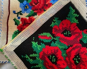 Hand Made Needlepoint Pillow ? Squares w Flower Design- Set of 2