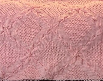 Vintage Light Pink Knit Afghan- Unique Intricate Design