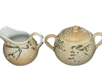 Japanese Creamer and Sugar Sharkskin Glaze Moriage Decoration. Meiji period like.