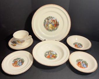 Vintage Harker Pottery Courting Couple 7 Piece Place Setting
