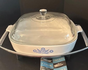 Vintage Corningware Cornflower Blue  Square Covered Baker w Silver Metal Stand #P-16-B