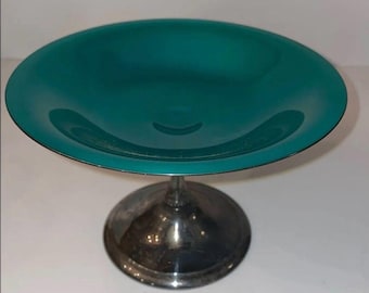Reed & Barton Silverplate Pedestal Compote with Green Glass Bowl Compote