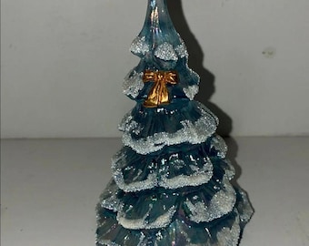 Vintage Fenton Blue Iridescent Christmas Tree with Gold Bow