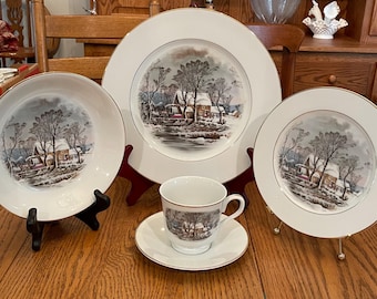 Vintage AVON Currier & Ives 5 Piece Place Setting