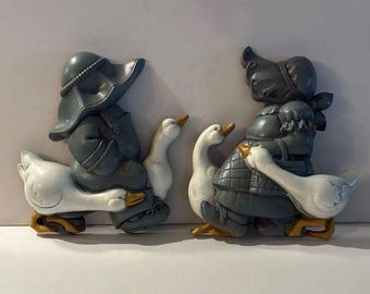 Vintage Burwood Boy and Girl with Goose / Geese Wall Plaque-Pair