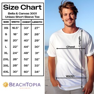 May include: Size chart for a Bella + Canvas 3001 unisex short sleeve tee. The chart shows measurements in inches for width, chest, and length for sizes XS to 4XL.