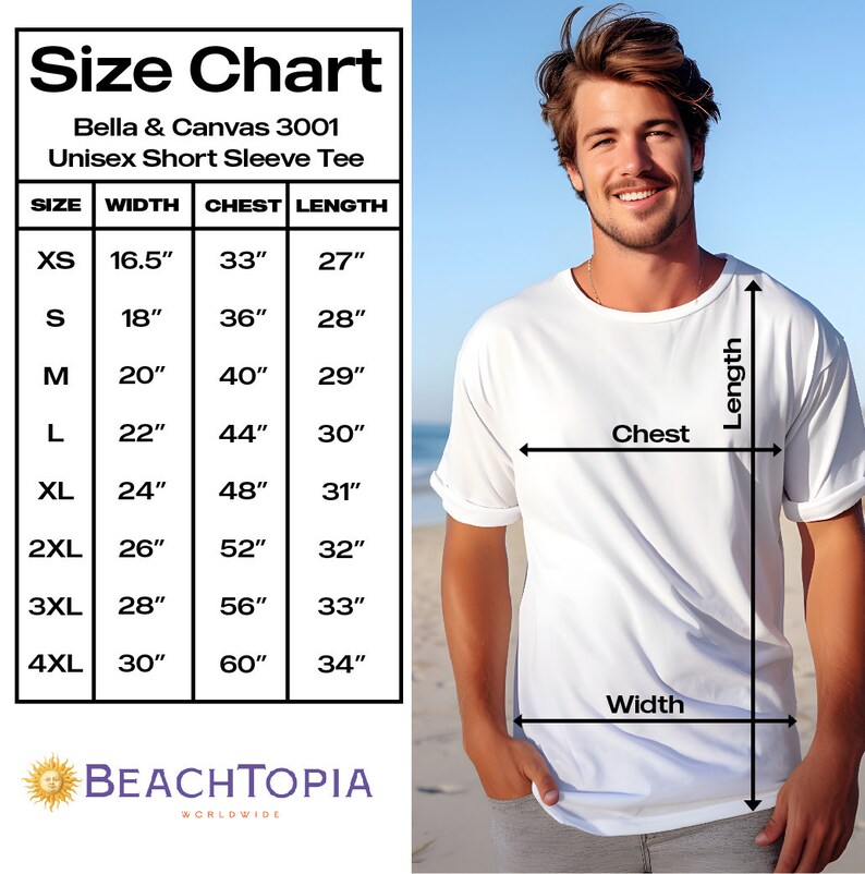 May include: Size chart for a Bella + Canvas 3001 unisex short sleeve tee. The chart shows measurements in inches for width, chest, and length for sizes XS to 4XL.
