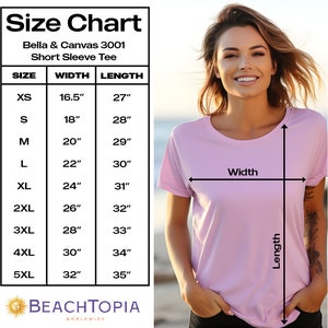May include: Size chart for Bella + Canvas 3001 short sleeve tee shirts. The chart shows the width and length measurements in inches for sizes XS to 5XL.