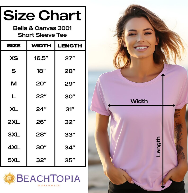 May include: Size chart for Bella + Canvas 3001 short sleeve tee shirts. The chart shows the width and length measurements in inches for sizes XS to 5XL.
