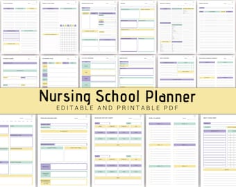May include: A printable nursing school planner with pages for class schedules, medication administration, disease breakdowns, nursing report sheets, goal planning, and exam preparation. The planner features a yellow, green, and purple color scheme.