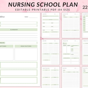 May include: A printable nursing school planner with 22 pages. The planner includes sections for disease breakdown, weekly schedules, and daily tasks. The pages are designed with a light green and white color scheme.