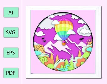 Hot Air Balloon SVG Shadow Box Template: 3D Layered Design (Digital Download)