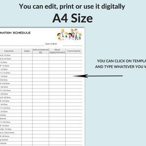 Puede incluir: Un gráfico de programación de vacunación infantil imprimible con una lista de vacunas, fechas y comentarios. El gráfico está diseñado para ayudar a los padres a llevar un registro de las vacunas de sus hijos. El gráfico está en un fondo blanco con texto y líneas negras. El gráfico está titulado "Programa de vacunación infantil".