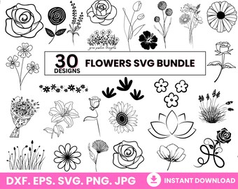 花のバンドル SVG、ワイルドフラワー SVG、花と葉、花の SVG カット ファイル、ワイルドフラワー SVG バンドル、花の SVG バンドル、花の SVG png