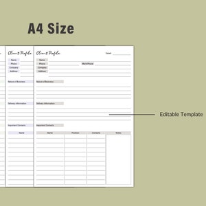 May include: A printable A4 size client profile template with three columns for recording client information. Each column includes fields for name, phone, company, address, nature of business, delivery information, and important contacts. The template also includes a section for notes.