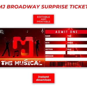 Bearbeitbare MJ Broadway Surprise Ticket Vorlage, MJ Ticket zum Ausdrucken, Ereigniskarte, Musiktheaterkarte, Ticketvorlage, Sofort Download