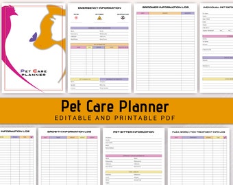 May include: A printable pet care planner with a colorful cover featuring a butterfly and a cat. The planner includes sections for emergency information, grooming, growth, pet sitter information, and flea, worm, and tick treatment.