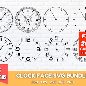Könnte beinhalten: Ein Satz von acht Schwarzweiß-SVG-Designs für Zifferblätter. Die Designs umfassen verschiedene Stile von Zifferblättern mit römischen und arabischen Ziffern. Der Text "FREE 2024 CALENDAR EDITABLE" ist ebenfalls im Bild enthalten.