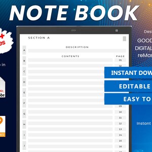 Può includere: Un modello di quaderno digitale per GoodNotes, planner digitali e reMarkable 2. Il modello è un file PDF modificabile e facile da usare. Include sezioni per descrizioni, contenuti e numeri di pagina. Il modello è disponibile per il download immediato.