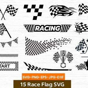 May include: A set of 15 black and white checkered flag SVG designs. The designs include flags, banners, racing stripes, and a start finish line. The text "RACING" and "START" are included in the designs.