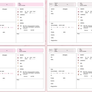 May include: A pink medical chart form with sections for patient information, allergies, medical history, diet, and diagnostics. The form includes checkboxes for various medical conditions and treatments.
