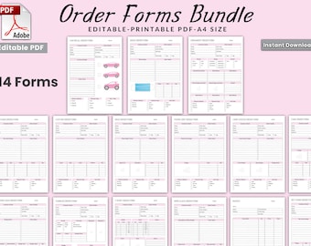 May include: A set of 14 printable order forms in PDF format. The forms are designed for various products, including keychains, mugs, t-shirts, and more. The forms are editable and can be printed on A4 size paper.
