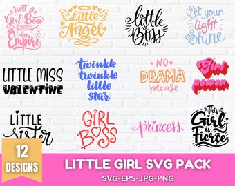 Puede incluir: Un conjunto de 12 diseños digitales SVG con varias frases e ilustraciones relacionadas con las niñas. Los diseños incluyen frases como "Little Miss Valentine", "Girl Boss", "Little Angel" y "This Girl is Fierce".