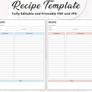 Puede incluir: Dos plantillas de recetas imprimibles con fondo azul claro y rosa claro. Cada plantilla tiene secciones para el nombre de la receta, el tiempo de preparación, el tiempo de cocción, los ingredientes, las instrucciones y las notas.