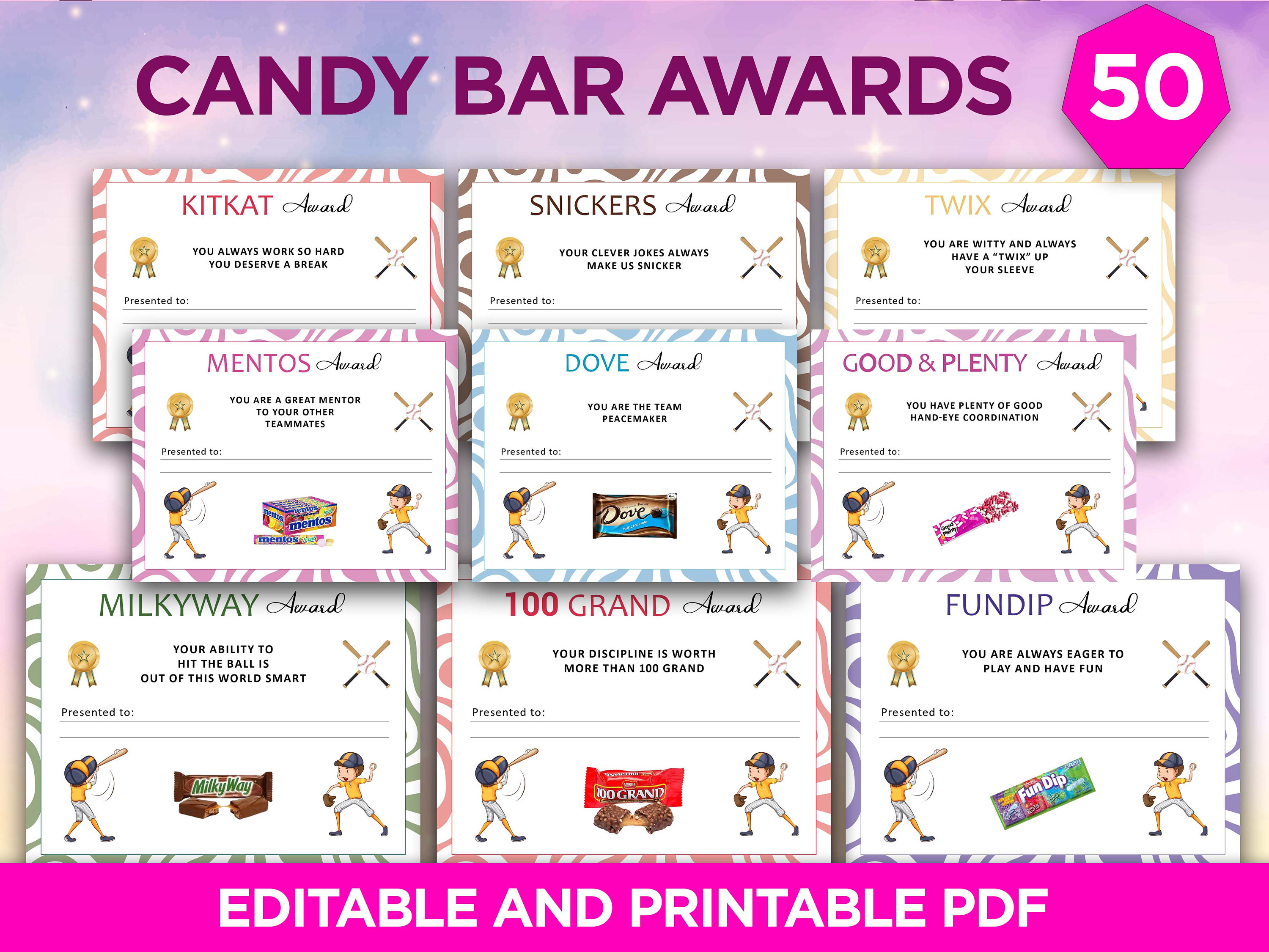 50 Baseball Candy Bar Award Certificates: Team Awards (Printable PDF)