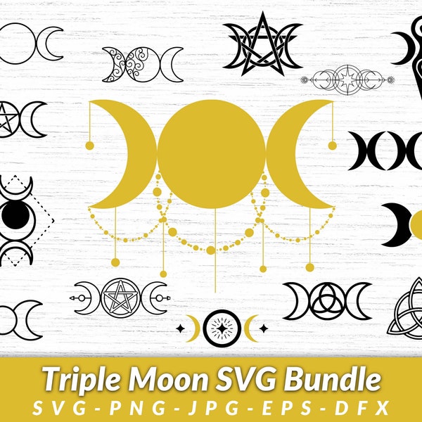 Triple Moon Enchantment, Mystical Triple Goddess Symbol, Triple Moon Pentagram SVG, Triple Moon Goddess Png, Triple Moon Goddess Svg