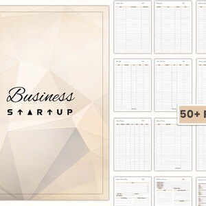 May include: A beige and white geometric pattern background with the text "Business STARTUP" in black. The image shows a business planner with over 50 pages.