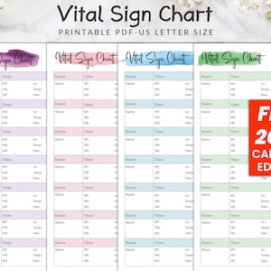 May include: Printable vital sign chart in US letter size. The chart has a pink, blue, and green color scheme with a white background. The chart is divided into columns for room number, name, time, blood pressure, heart rate, respiratory rate, temperature, and pain level. The chart is labeled "Vital Sign Chart" and "FREE 2024 CALENDAR EDITABLE".