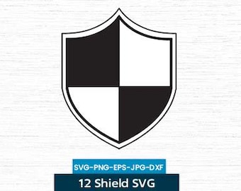 May include: A black and white shield with a checkered pattern. The shield is outlined in black and has a pointed bottom.
